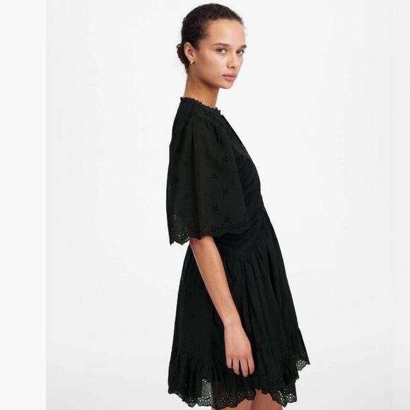 Madewell NU556 Black Eyelet Flutter Sleeve Mini Dress in Cotton 10 NWT - Picture 4 of 13